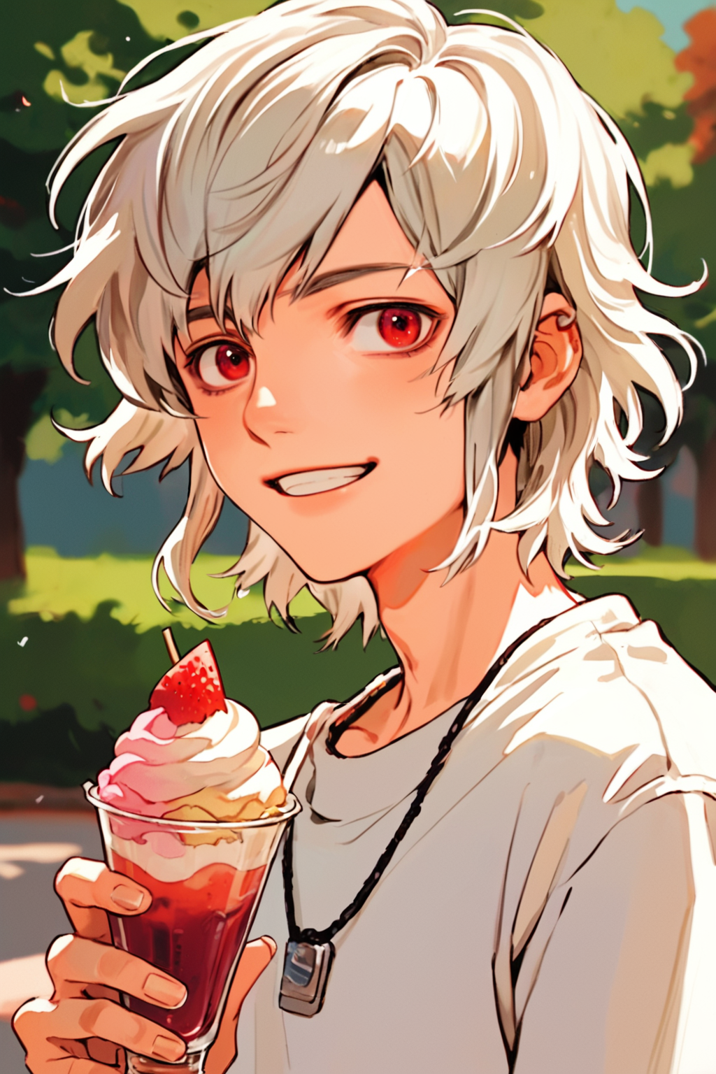00775-1155337932-brother one, solo male focus, platinum hair, bob hairstyle, iridescent red eyes, casual clothes, at fun park, parfait, happy, _l.png